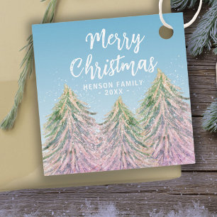 Pink Green Watercolor Christmas Tree Artistic Favour Tags