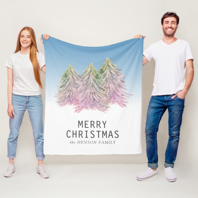 Pink Green Watercolor Christmas Tree Artistic  Fleece Blanket (In Situ)