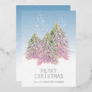 Pink Green Watercolor Christmas Tree Artistic Foil Holiday Card