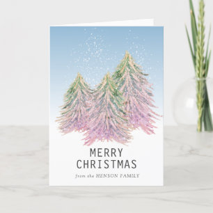 Pink Green Watercolor Christmas Tree Artistic Holiday Card