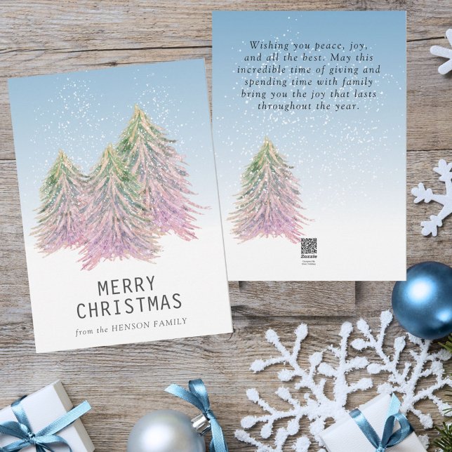 Pink Green Watercolor Christmas Tree Artistic Holiday Card (Creator Uploaded)