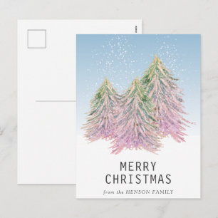 Pink Green Watercolor Christmas Tree Artistic Holiday Postcard