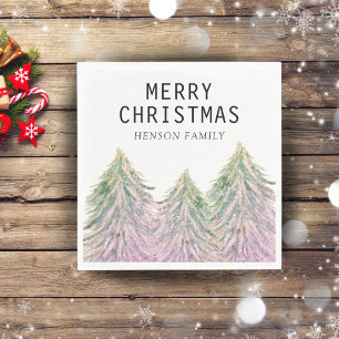 Pink Green Watercolor Christmas Tree Artistic  Napkin