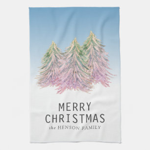 Pink Green Watercolor Christmas Tree Artistic Tea Towel