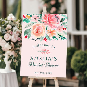 Pink Green Watercolor Floral Bridal Shower Welcome Poster