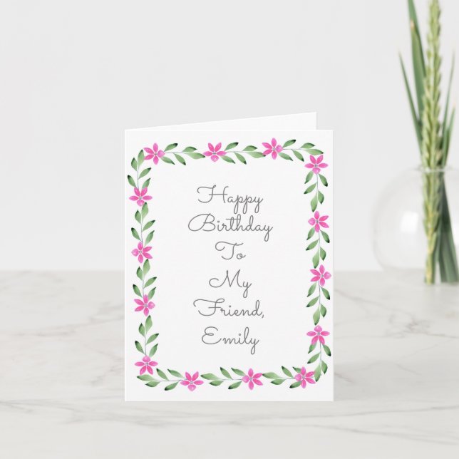 Pink Green Watercolor Floral Frame Card (Front)