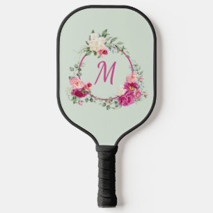 Pink + Green Watercolor Floral Monogram Initial Pickleball Paddle