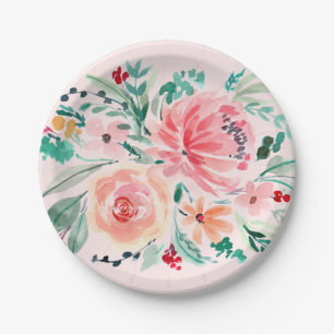 Pink Green Watercolor Floral Paper Plate