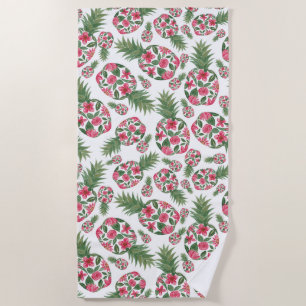 Pink Green Watercolor Floral Pineapples Pattern Beach Towel