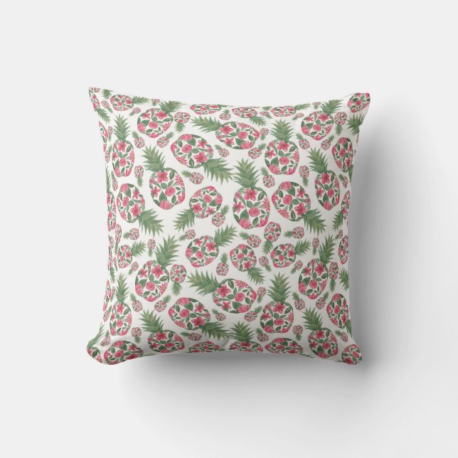 Pink Green Watercolor Floral Pineapples Pattern Cushion (Front)