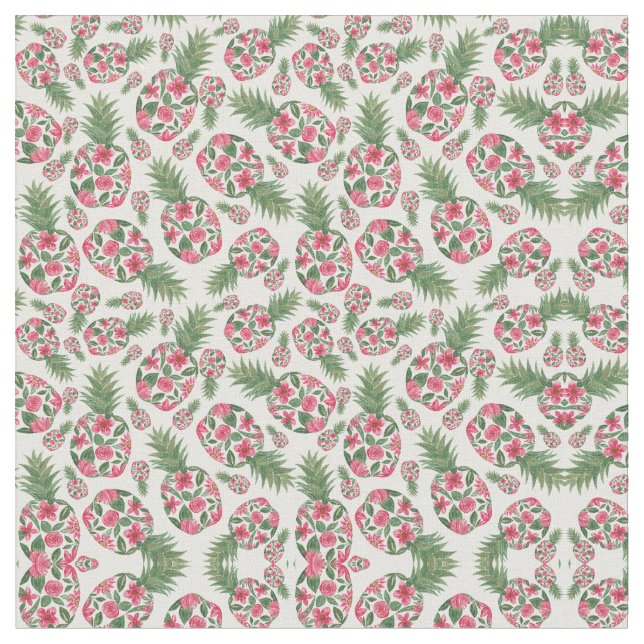 Pink Green Watercolor Floral Pineapples Pattern Fabric (Close Up)
