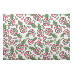 Pink Green Watercolor Floral Pineapples Pattern Placemat