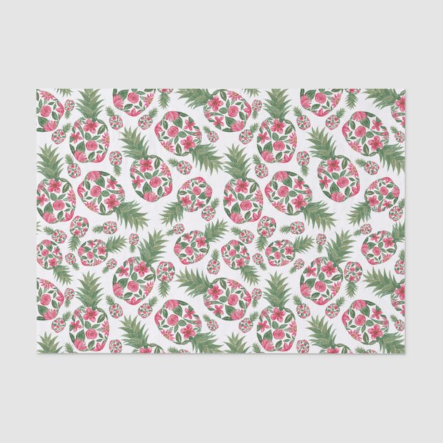 Pink Green Watercolor Floral Pineapples Pattern Tissue Paper (Front)