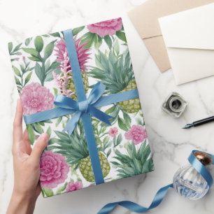 Pink Green Watercolor Floral Pineapples Pattern Wrapping Paper