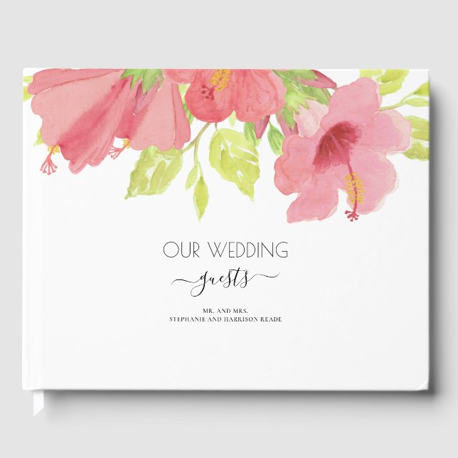 Pink & Green Watercolor Floral Wedding Guest Book (Front)