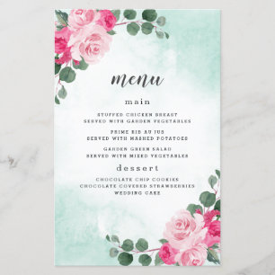 Pink & Green Watercolor Floral Wedding Menu Cards