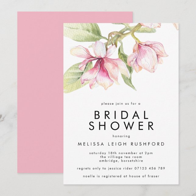 Pink & Green Watercolor Magnolia Bridal Shower Invitation (Front/Back)