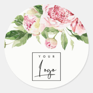 Pink Green Watercolor Peony Floral Logo Business Classic Round Sticker