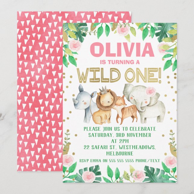 Pink green watercolor safari birthday invitation (Front/Back)
