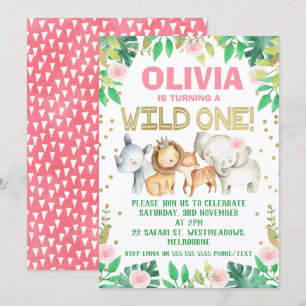 Pink green watercolor safari birthday invitation