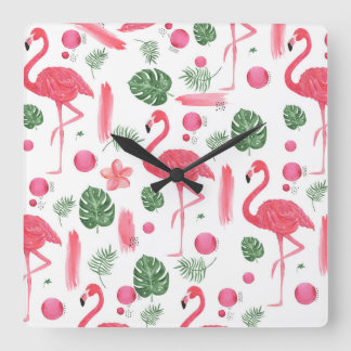 Pink green watercolor tropical flamingo floral square wall clock