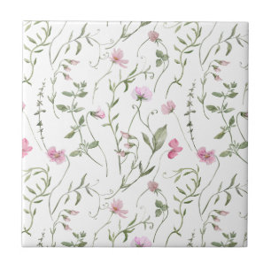 Pink Green Watercolor Wildflower Ceramic Tile