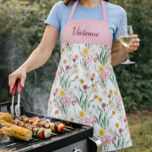 Pink Green Watercolor Wildflower Custom Name Apron