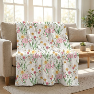 Pink Green Watercolor Wildflower Fleece Blanket