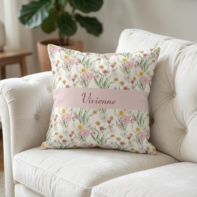 Pink Green Watercolor Wildflower Monogram Name Cushion (Pink Green Watercolor Wildflower Name Throw Pillow)