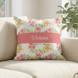 Pink Green Watercolor Wildflower Monogram Name Cushion