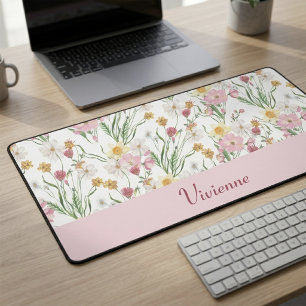 Pink Green Watercolor Wildflower Monogram Name Desk Mat