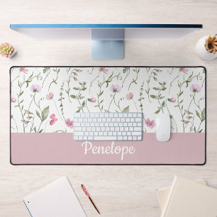 Pink Green Watercolor Wildflower Monogram Name Desk Mat