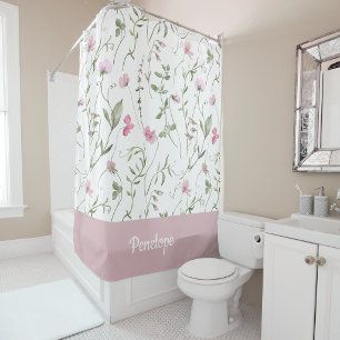 Pink Green Watercolor Wildflower Monogram Name Shower Curtain