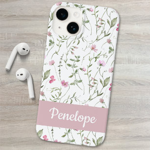 Pink Green Watercolor Wildflower Name Case-Mate iPhone 14 Case