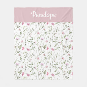Pink Green Watercolor Wildflower Name Fleece Blanket
