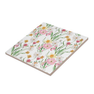 Pink Green Watercolor Wildflower Tile