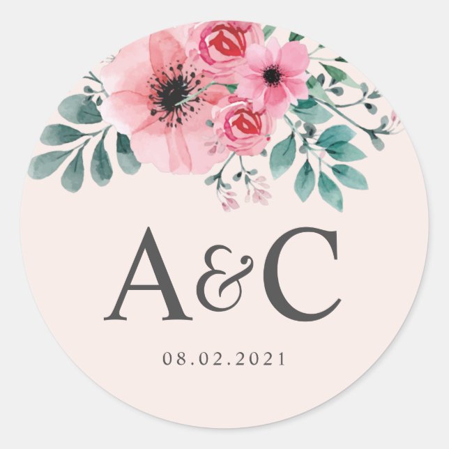 Pink & Green Watercolour Floral Wedding Monogram Classic Round Sticker (Front)