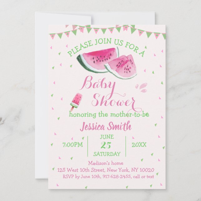 Pink Green Watermelon Baby Shower Ice Cream Melon  Invitation (Front)