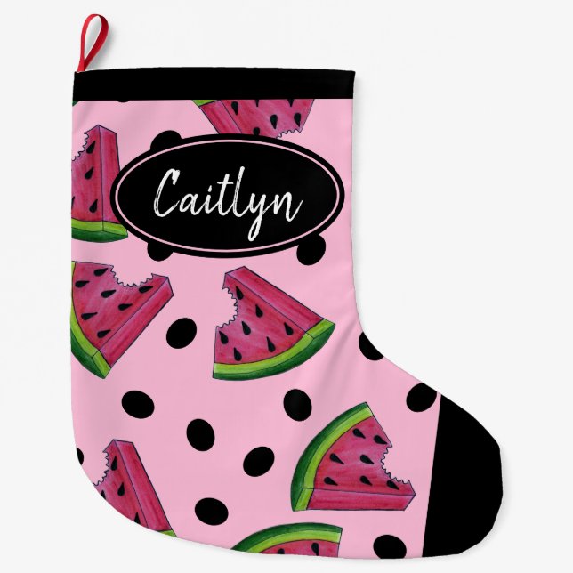 Pink Green Watermelon Melon Slice Wedge Fruity Large Christmas Stocking (Front)