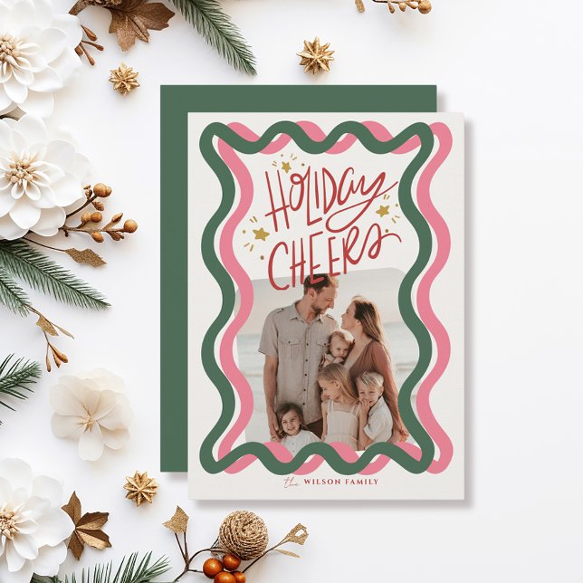 Pink & Green Wavy Frame 2 Photo Christmas Holiday Card (Creator Uploaded)