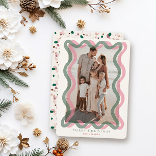 Pink & Green Wavy Frame Photo Christmas Holiday Card