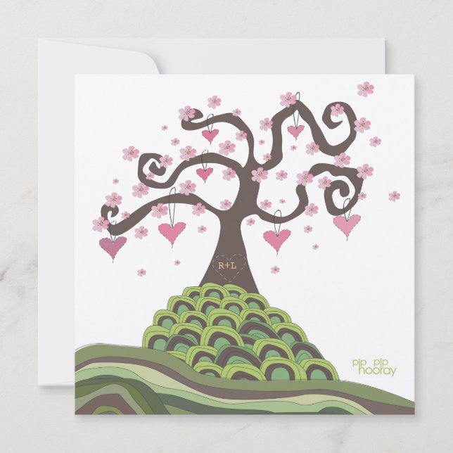 Pink Green Wedding Monogram Blossom Tree Invite (Front)