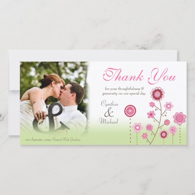 Pink Green Wedding Thank You Photo Template Card (Front)