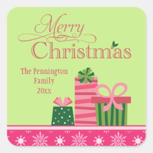 Pink green whimsical presents christmas sticker