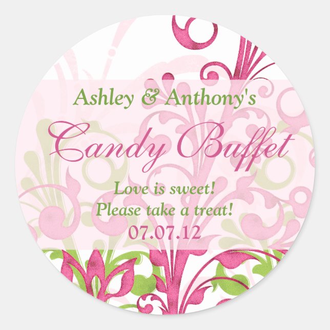 Pink Green White Abstract Floral Candy Buffet Classic Round Sticker (Front)