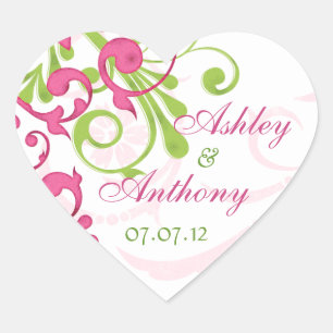 Pink Green White Abstract Floral Wedding Heart Heart Sticker