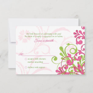 Pink Green White Abstract Floral Wedding RSVP Card