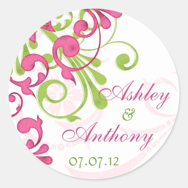 Pink Green White Abstract Floral Wedding Stickers (Front)