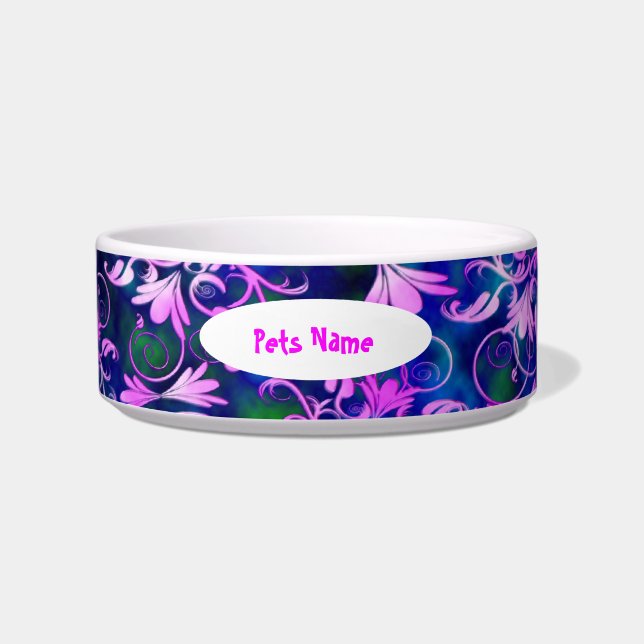 Pink Green White Blue Damask Pet Bowl (Front)