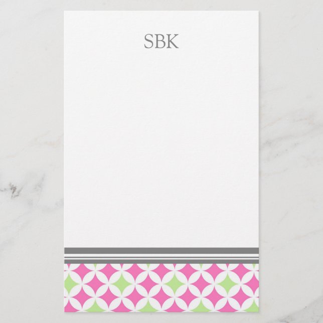 Pink Green White Custom Monogram Stationery (Front)